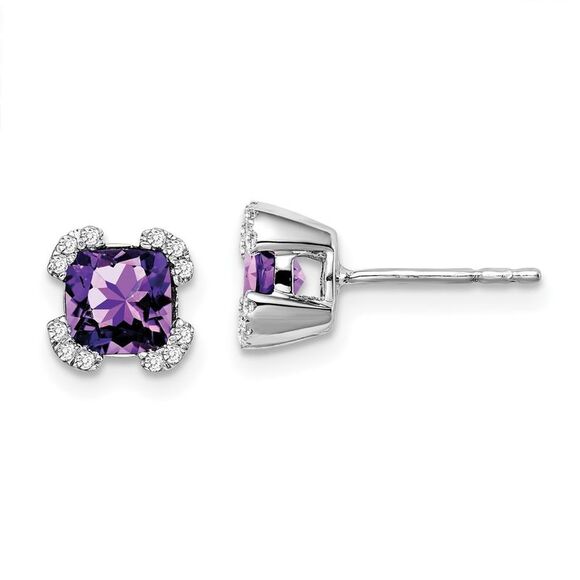 14k White Gold Cushion Amethyst & Diamond Earrings